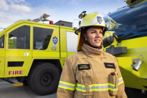 A woman aviation firefighter in ARFFS