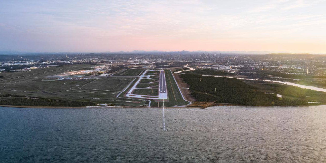 Aerial photograph of Brisbane airport runways at dusk