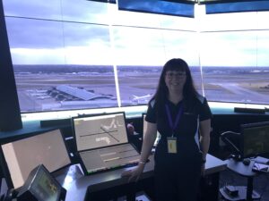 Air Traffic Controller Susie McGough stands in Perth ATC Tower