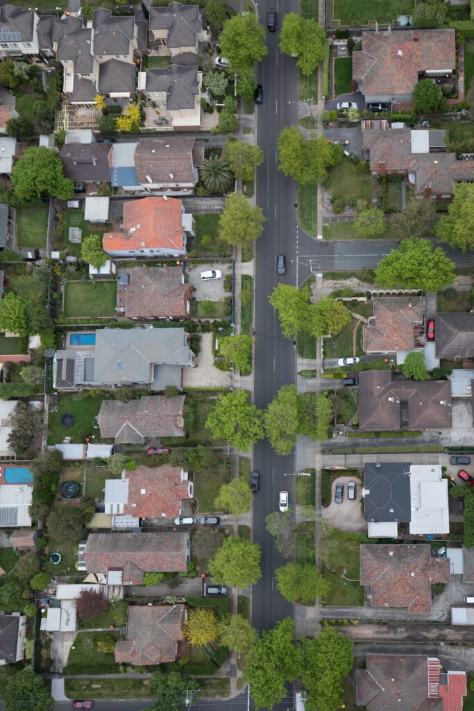 Shot of houses from above.