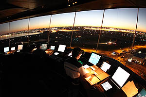 Air Traffic Control tower at night-time. 