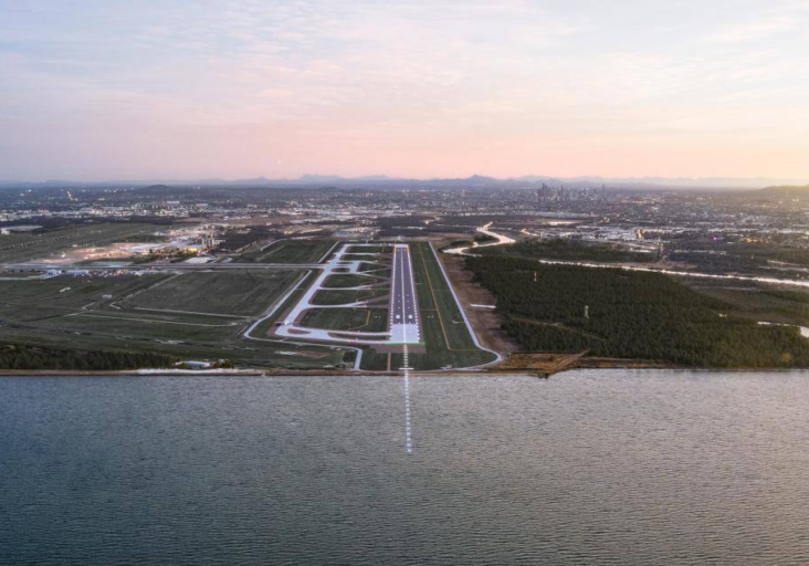 Aerial photograph of Brisbane airport runways at dusk