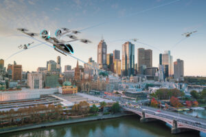 Urban sky with air mobility vehicles in Melbourne