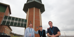 John Bowing with two Airservices employees at the original Sydney tower